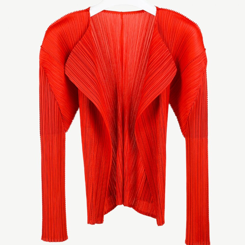 Issey Miyake Pleats Please Rust Red Pleated Open-Front Cardigan